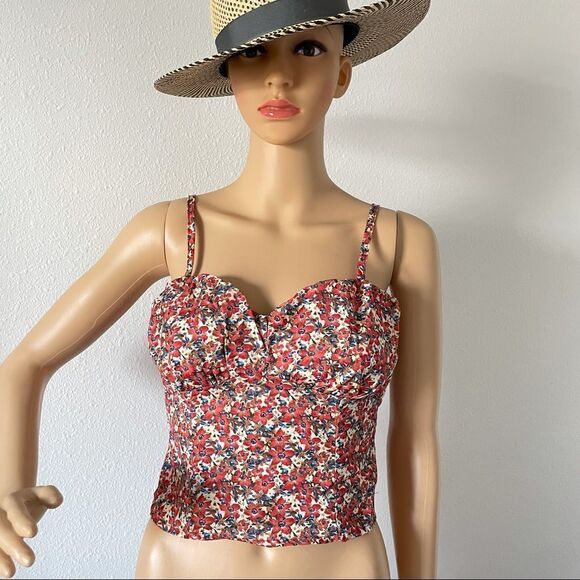 SHEIN Floral Bustier Crop Top Size Medium Red Blue White Tan Orange - Picture 1 of 11